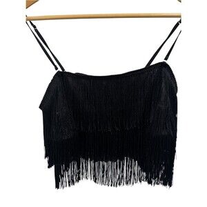 Free People Intimately Black Fringe Crop Cami Tank Top Size Large Boho Festival